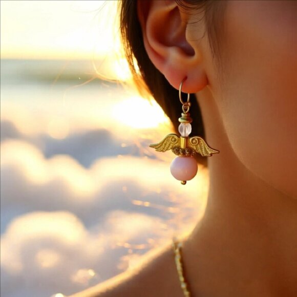 Guardian Angel Earrings! Gold & Pink Angels Wings! - Picture 2 of 8